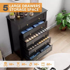 Commode à 5 tiroirs, commode moderne et élégante avec poignée ronde, organisateur de rangement en bois avec grand espace de rangement pour chambre, salon, noir