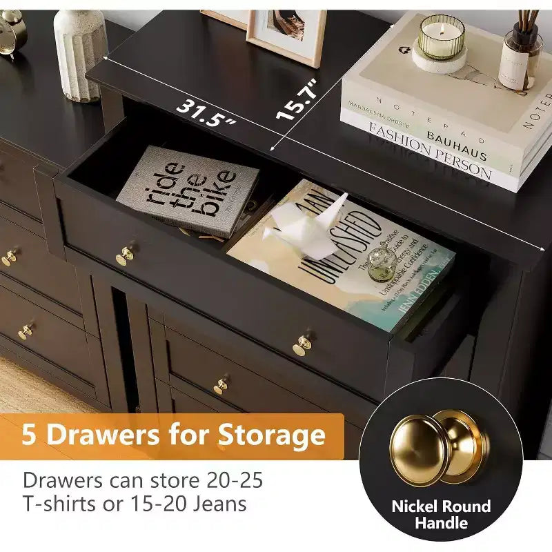 Commode à 5 tiroirs, commode moderne et élégante avec poignée ronde, organisateur de rangement en bois avec grand espace de rangement pour chambre, salon, noir
