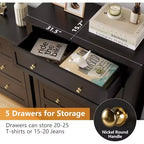 Commode à 5 tiroirs, commode moderne et élégante avec poignée ronde, organisateur de rangement en bois avec grand espace de rangement pour chambre, salon, noir