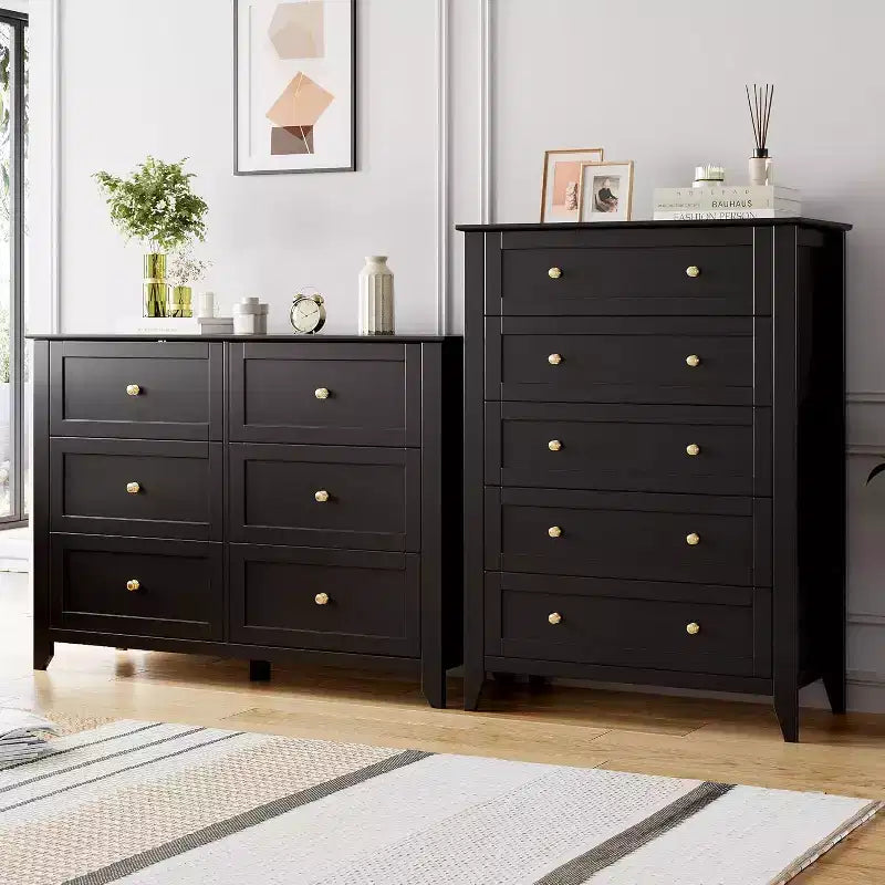 Commode à 5 tiroirs, commode moderne et élégante avec poignée ronde, organisateur de rangement en bois avec grand espace de rangement pour chambre, salon, noir
