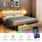 Lit avec tête de lit et 2 tiroirs de rangement, lit plateforme tapissé avec station de charge, robuste