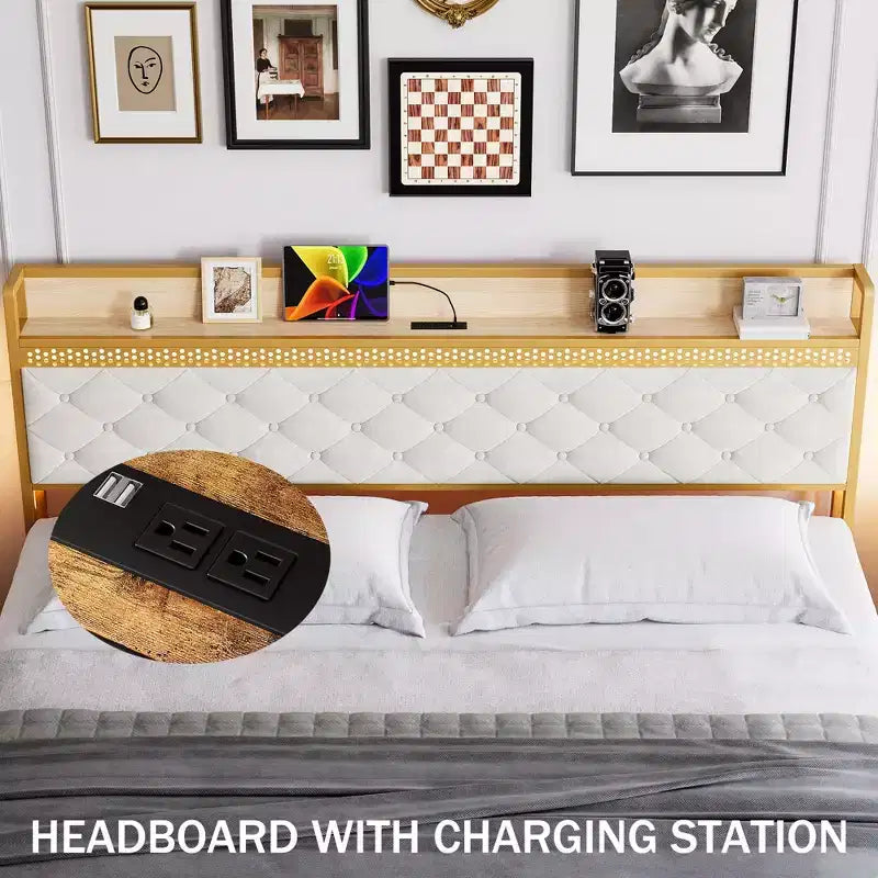 Lit avec tête de lit et 2 tiroirs de rangement, lit plateforme tapissé avec station de charge, robuste