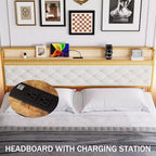 Lit avec tête de lit et 2 tiroirs de rangement, lit plateforme tapissé avec station de charge, robuste