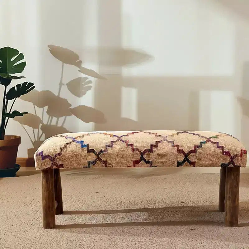 Banc rembourré GDFStudio Martina Modern 45 en bois massif et tissu de jute