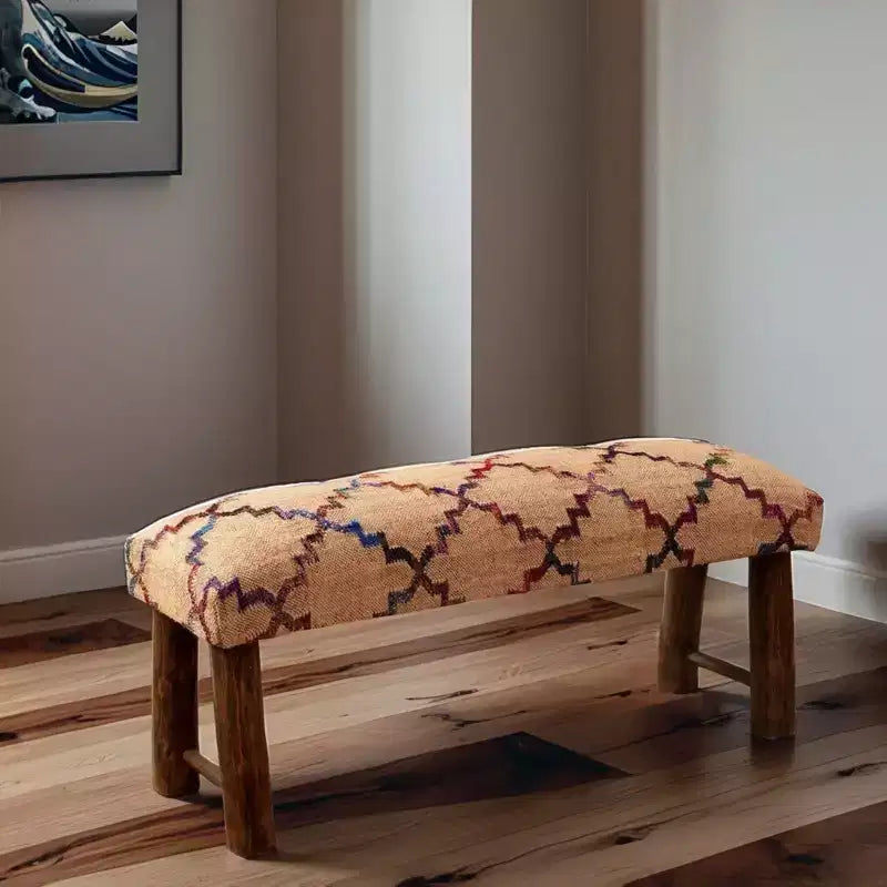 Banc rembourré GDFStudio Martina Modern 45 en bois massif et tissu de jute