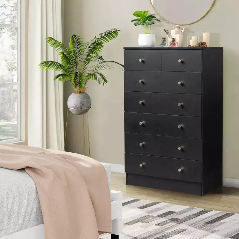 Karl Home Commode à 7 tiroirs en panneaux de particules noirs de 66 cm (25,98 po) de large