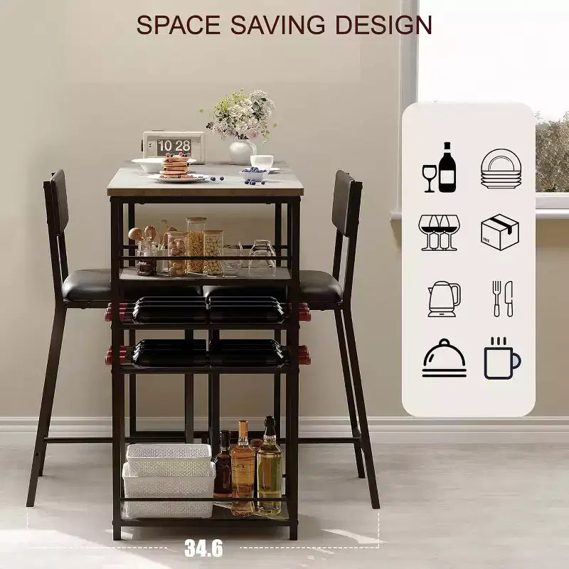 Ensemble de salle à manger hauteur comptoir pour 2 avec étagères de rangement Table de bistrot et chaises rembourrées, ensemble de cuisine peu encombrant pour appartements