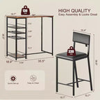 Ensemble de salle à manger hauteur comptoir pour 2 avec étagères de rangement Table de bistrot et chaises rembourrées, ensemble de cuisine peu encombrant pour appartements