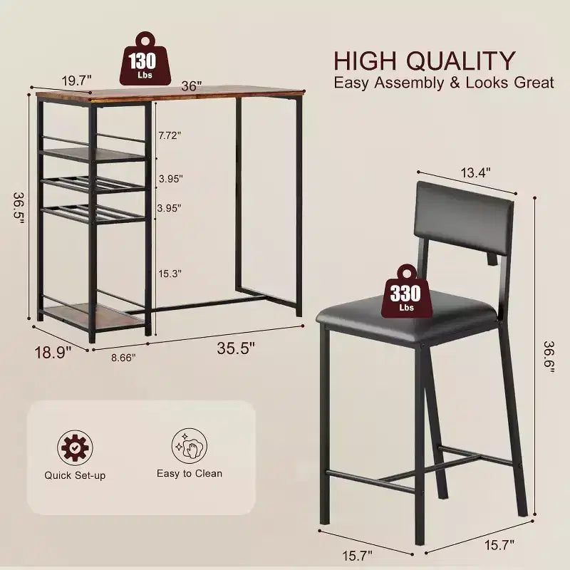 Ensemble de salle à manger hauteur comptoir pour 2 avec étagères de rangement Table de bistrot et chaises rembourrées, ensemble de cuisine peu encombrant pour appartements