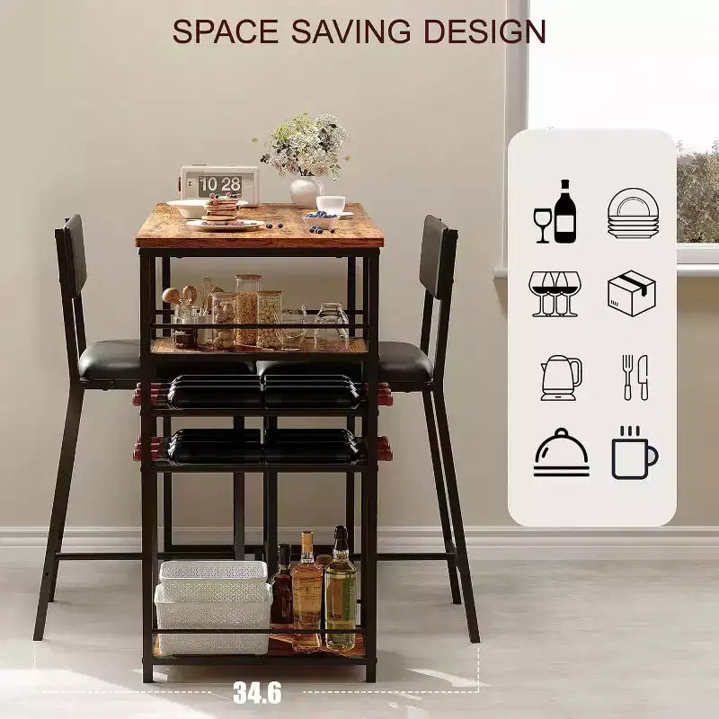 Ensemble de salle à manger hauteur comptoir pour 2 avec étagères de rangement Table de bistrot et chaises rembourrées, ensemble de cuisine peu encombrant pour appartements