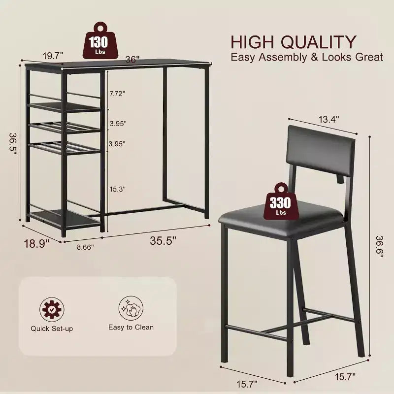 Ensemble de salle à manger hauteur comptoir pour 2 avec étagères de rangement Table de bistrot et chaises rembourrées, ensemble de cuisine peu encombrant pour appartements