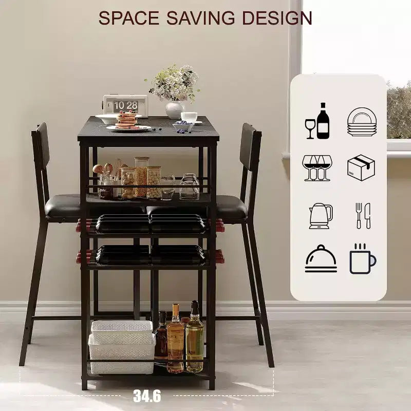 Ensemble de salle à manger hauteur comptoir pour 2 avec étagères de rangement Table de bistrot et chaises rembourrées, ensemble de cuisine peu encombrant pour appartements