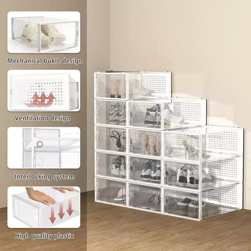 Lot de 6 boîtes de rangement à chaussures, organiseur de chaussures empilable en plastique pour placard, étagère à chaussures pliable peu encombrante, bac de rangement pour baskets blanc