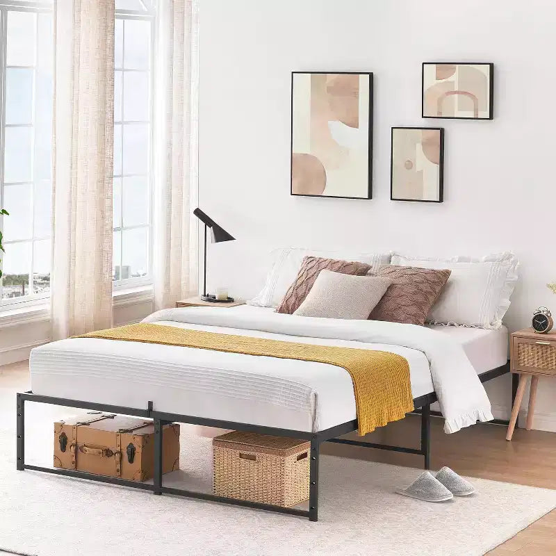 3-in-1 Steel Platform Bed Frame  Twin/Full/Queen Heavy Duty 14 Metal Frame (No Box Spring), Noise-Free & Tool-Free Assembly for Apartments