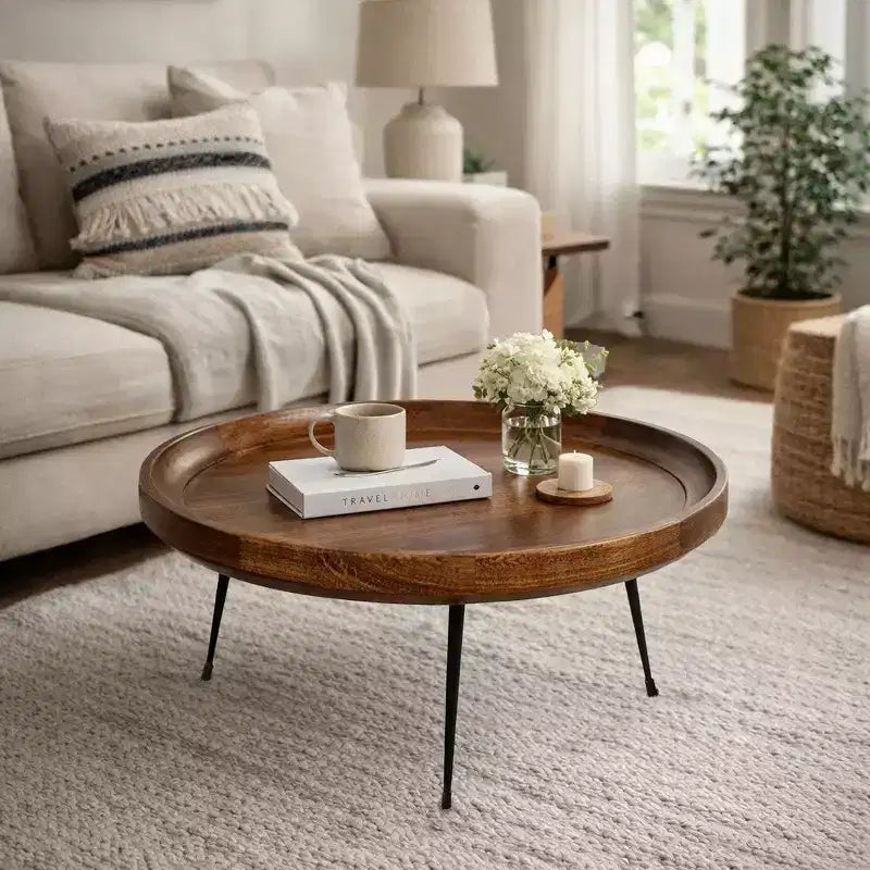 Table basse ronde fabriquée à la main Royal Hampton en bois de manguier avec plateau amovible, noyer foncé, pieds en fer noir