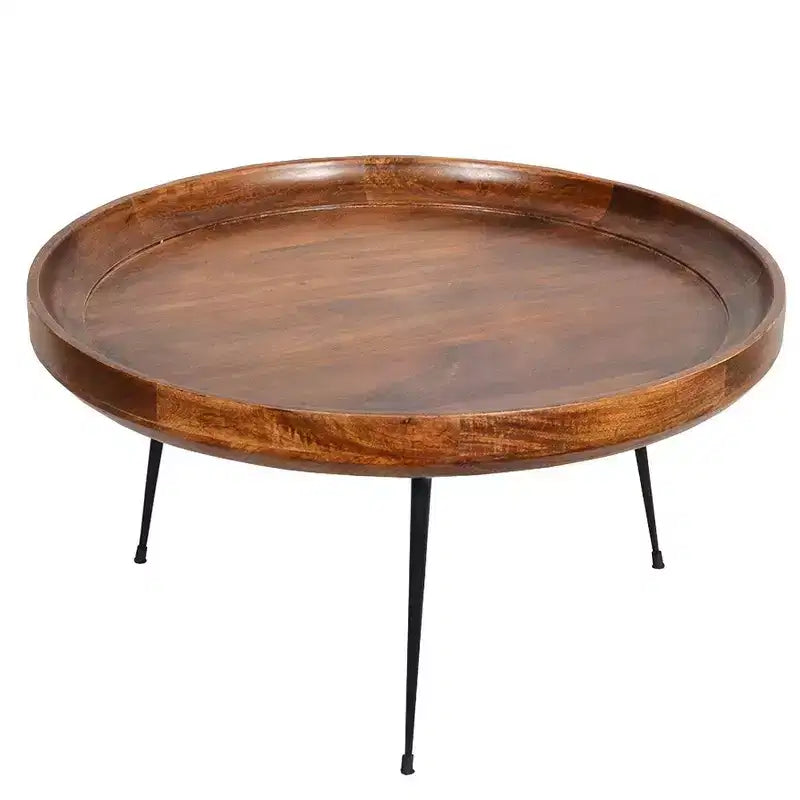 Table basse ronde fabriquée à la main Royal Hampton en bois de manguier avec plateau amovible, noyer foncé, pieds en fer noir