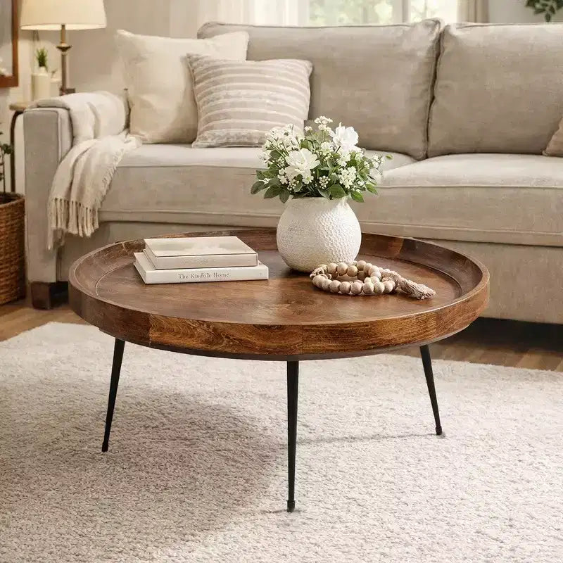 Table basse ronde fabriquée à la main Royal Hampton en bois de manguier avec plateau amovible, noyer foncé, pieds en fer noir