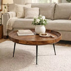Table basse ronde fabriquée à la main Royal Hampton en bois de manguier avec plateau amovible, noyer foncé, pieds en fer noir
