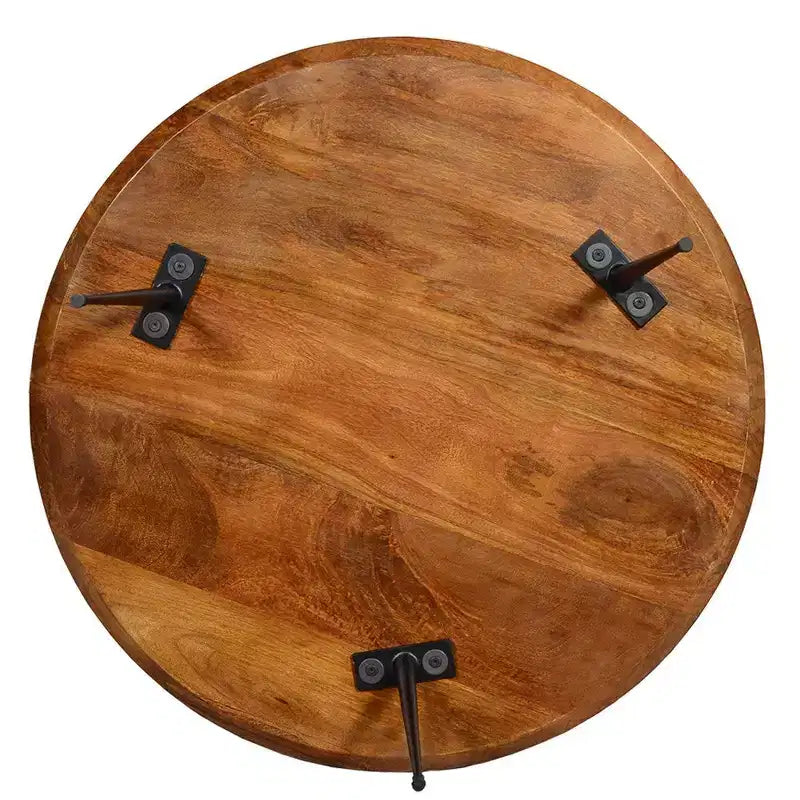 Table basse ronde fabriquée à la main Royal Hampton en bois de manguier avec plateau amovible, noyer foncé, pieds en fer noir