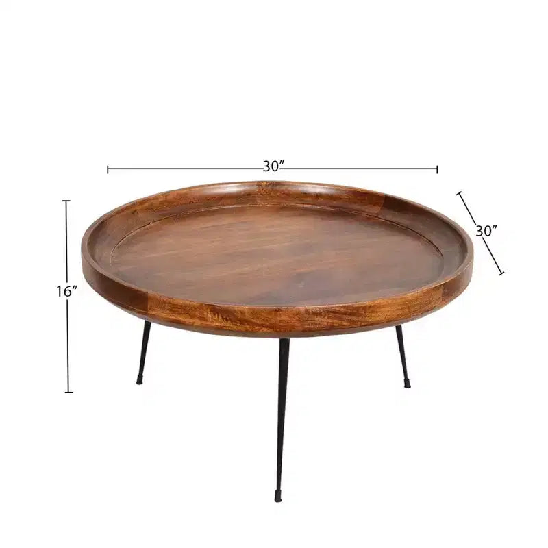 Table basse ronde fabriquée à la main Royal Hampton en bois de manguier avec plateau amovible, noyer foncé, pieds en fer noir