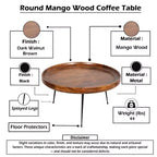 Table basse ronde fabriquée à la main Royal Hampton en bois de manguier avec plateau amovible, noyer foncé, pieds en fer noir