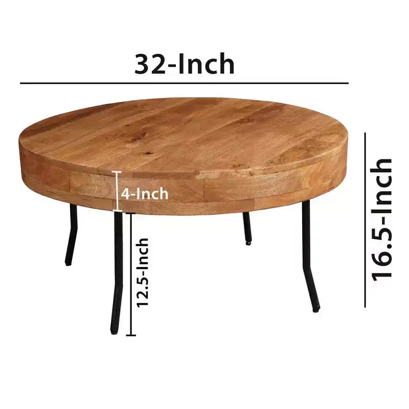 Table basse Royal Hampton, bois de manguier fait main, plateau rond, pieds coudés en métal noir, 81 cm -