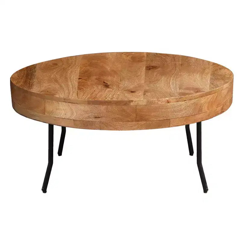 Table basse Royal Hampton, bois de manguier fait main, plateau rond, pieds coudés en métal noir, 81 cm -