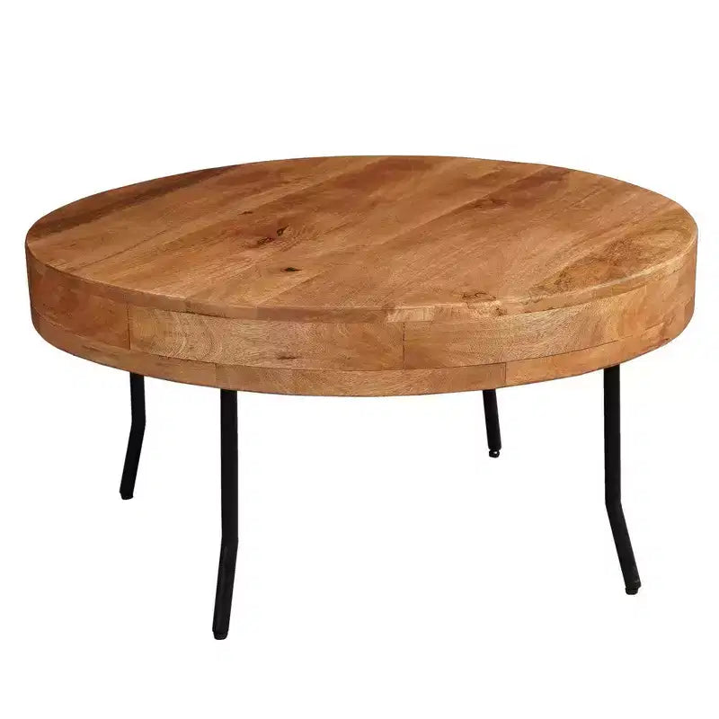 Table basse Royal Hampton, bois de manguier fait main, plateau rond, pieds coudés en métal noir, 81 cm -