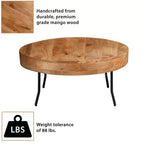 Table basse Royal Hampton, bois de manguier fait main, plateau rond, pieds coudés en métal noir, 81 cm -