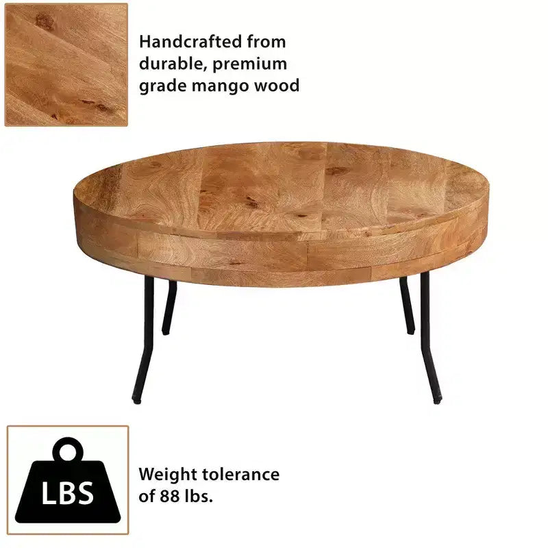 Table basse Royal Hampton, bois de manguier fait main, plateau rond, pieds coudés en métal noir, 81 cm -