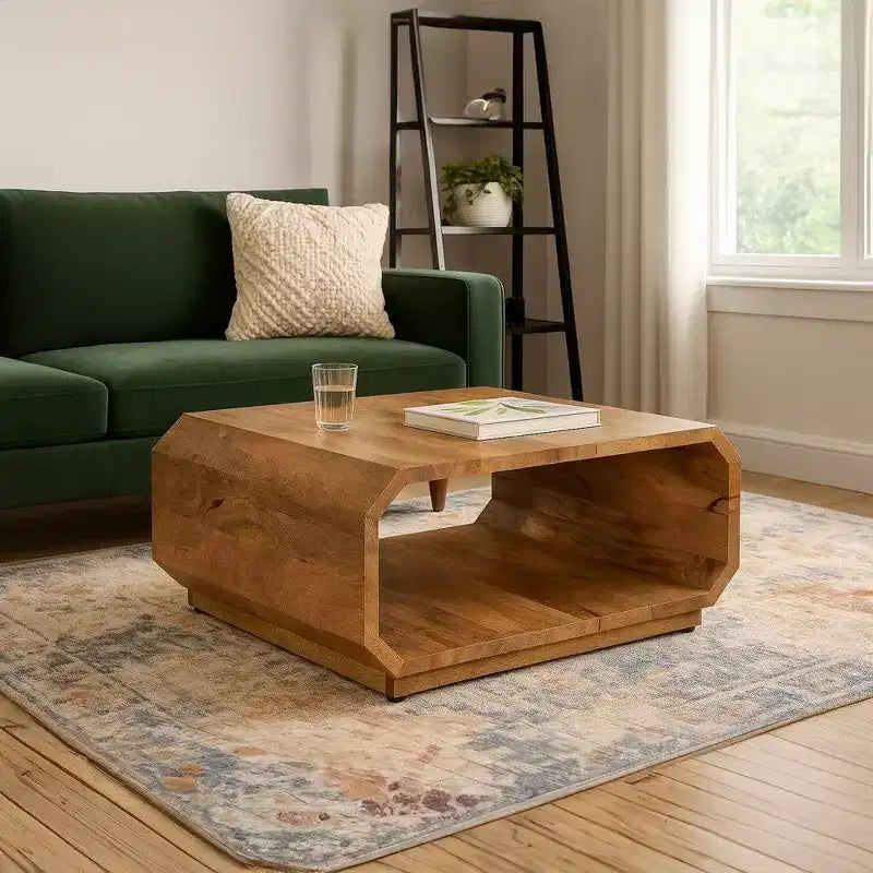 Table basse Royal Hampton, forme de cube creux, fabriquée à la main en bois de manguier naturel brun, 76 cm -