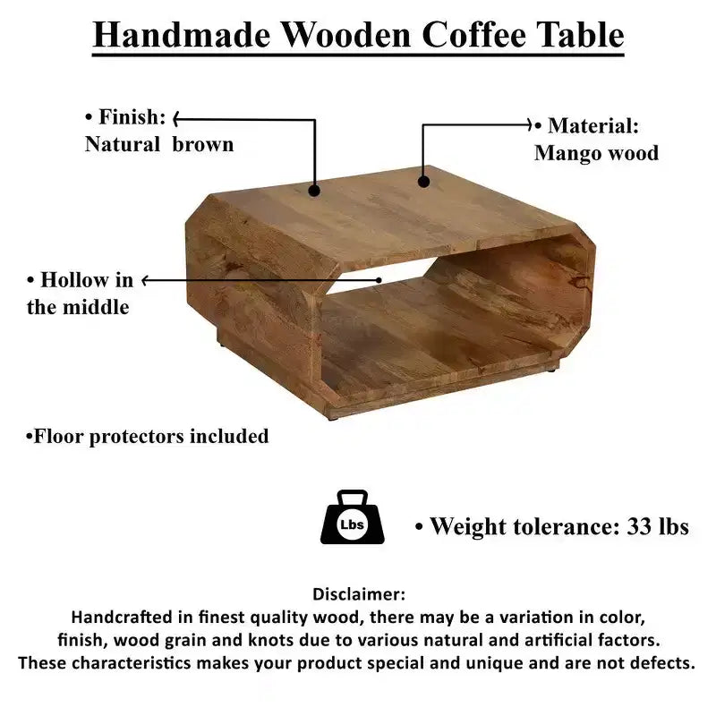 Table basse Royal Hampton, forme de cube creux, fabriquée à la main en bois de manguier naturel brun, 76 cm -