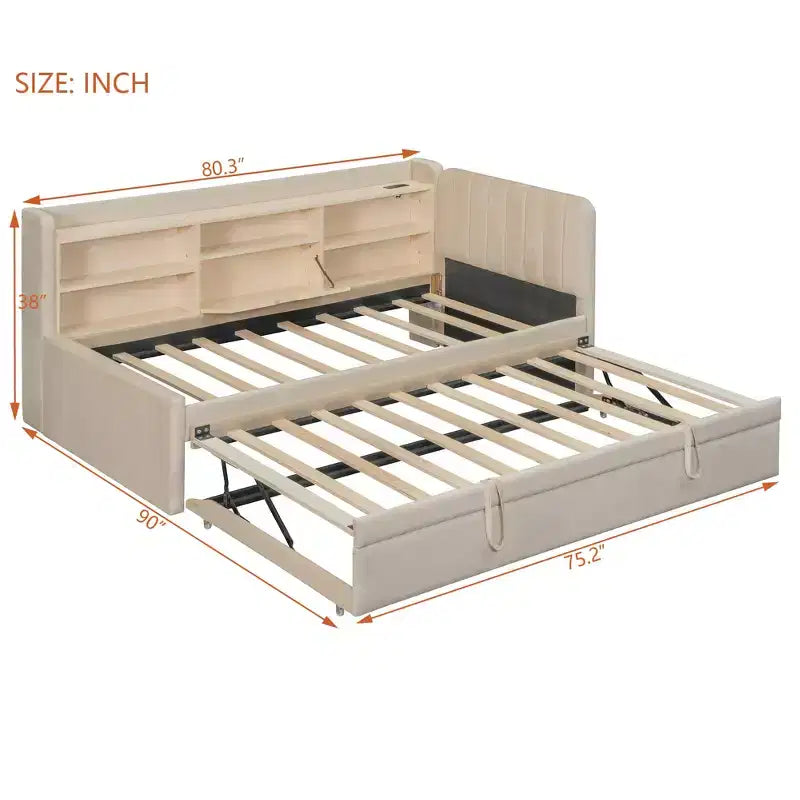 Lit de repos capitonné moderne double Merax avec lit gigogne, espace de rangement, ports USB et prise de courant