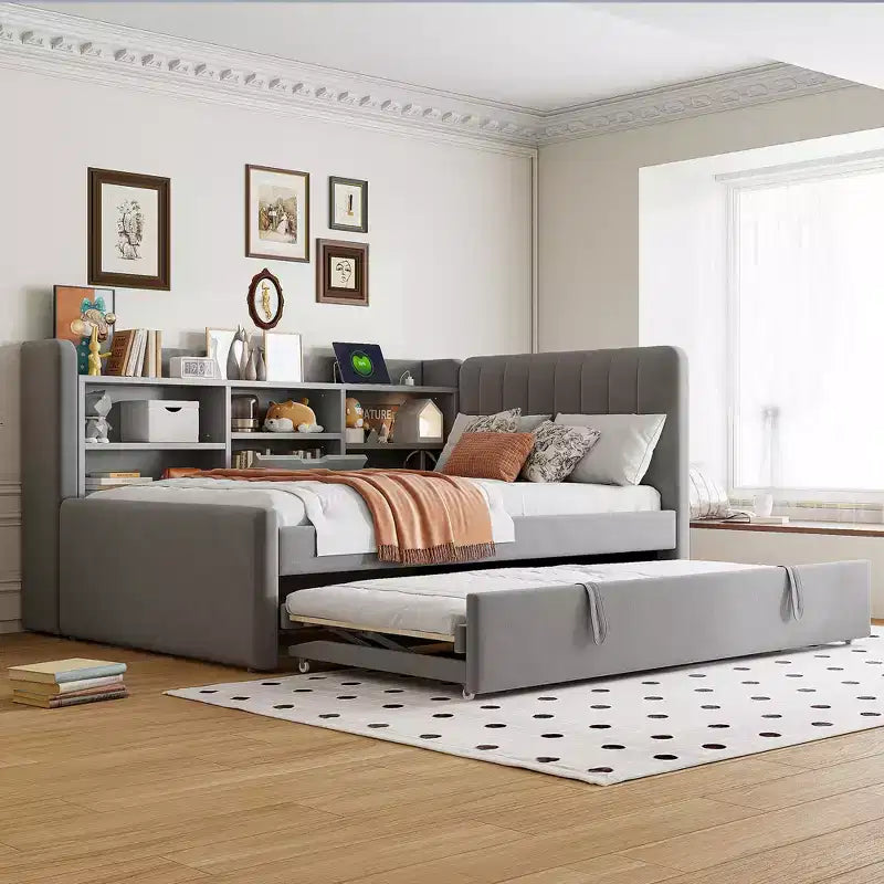 Lit de repos capitonné moderne double Merax avec lit gigogne, espace de rangement, ports USB et prise de courant