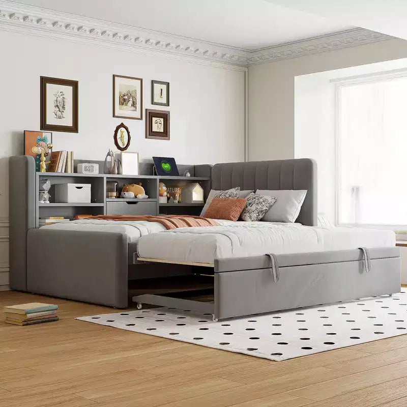 Lit de repos capitonné moderne double Merax avec lit gigogne, espace de rangement, ports USB et prise de courant