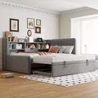 Lit de repos capitonné moderne double Merax avec lit gigogne, espace de rangement, ports USB et prise de courant