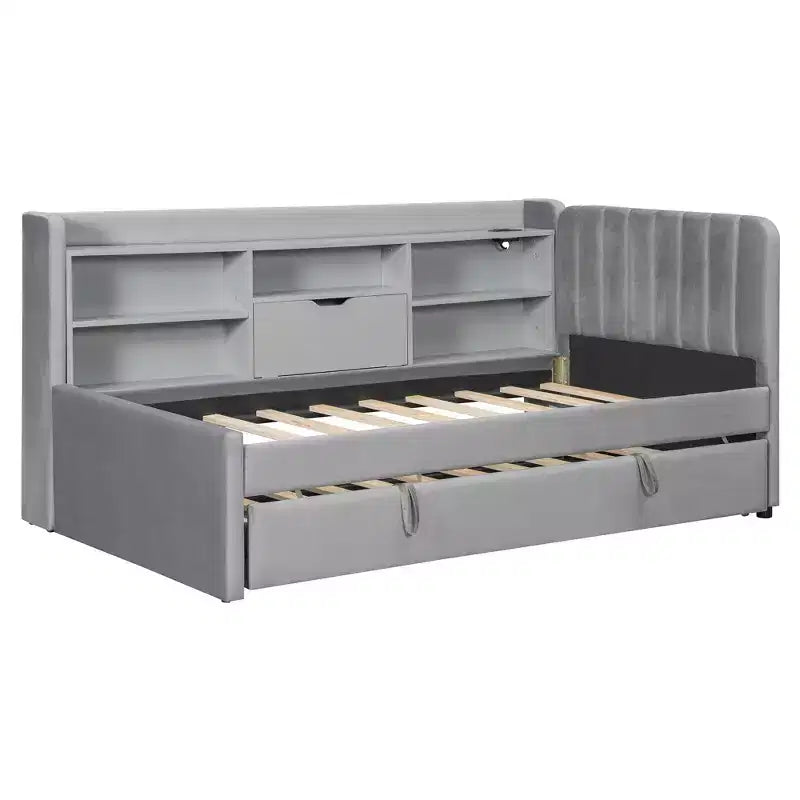 Lit de repos capitonné moderne double Merax avec lit gigogne, espace de rangement, ports USB et prise de courant