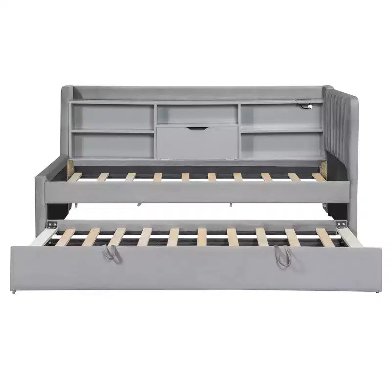 Lit de repos capitonné moderne double Merax avec lit gigogne, espace de rangement, ports USB et prise de courant