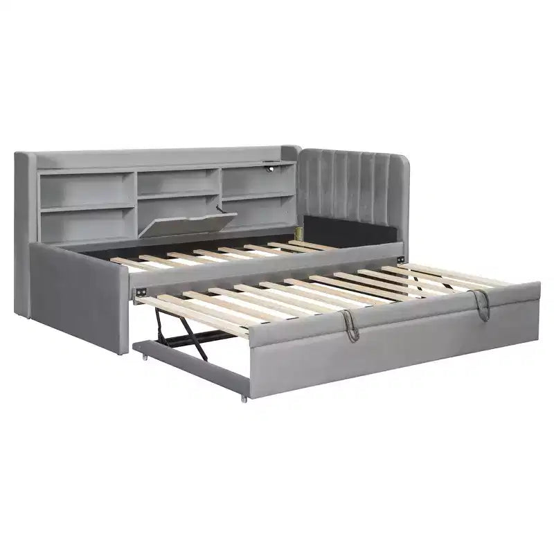 Lit de repos capitonné moderne double Merax avec lit gigogne, espace de rangement, ports USB et prise de courant