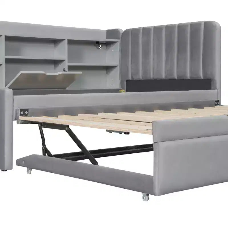Lit de repos capitonné moderne double Merax avec lit gigogne, espace de rangement, ports USB et prise de courant