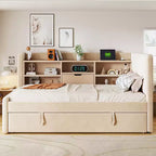 Lit de repos capitonné moderne double Merax avec lit gigogne, espace de rangement, ports USB et prise de courant