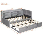 Lit de repos capitonné moderne double Merax avec lit gigogne, espace de rangement, ports USB et prise de courant