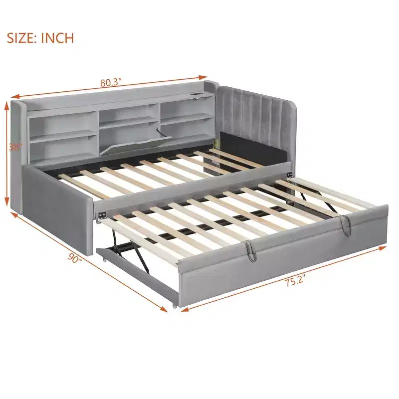 Lit de repos capitonné moderne double Merax avec lit gigogne, espace de rangement, ports USB et prise de courant