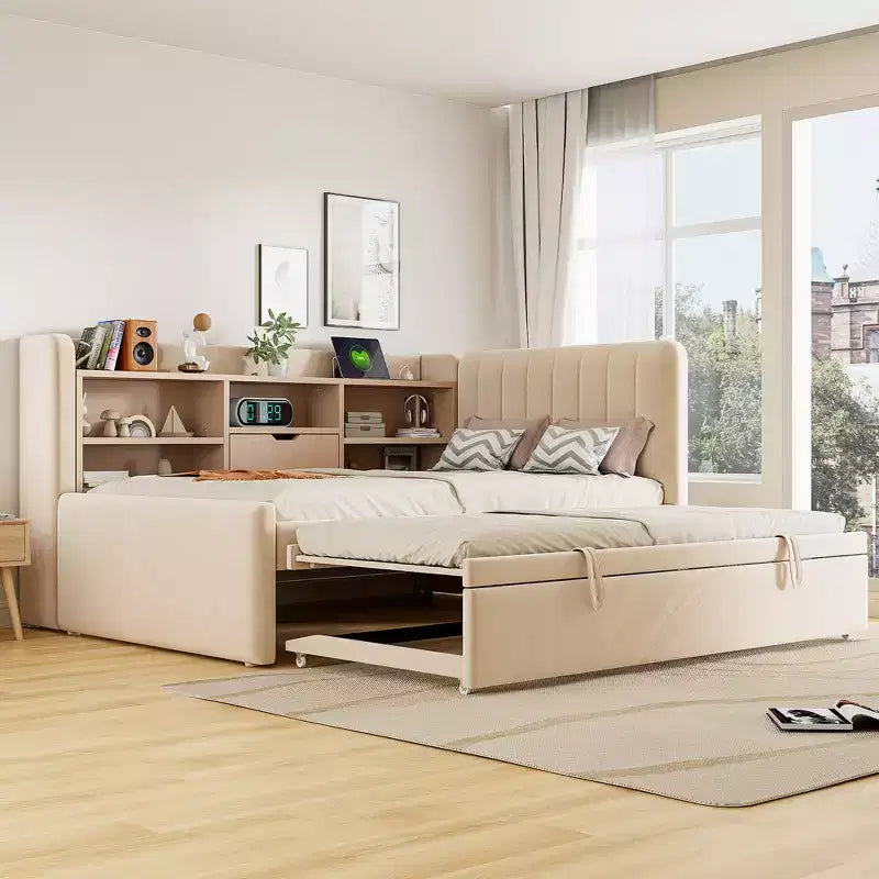 Lit de repos capitonné moderne double Merax avec lit gigogne, espace de rangement, ports USB et prise de courant