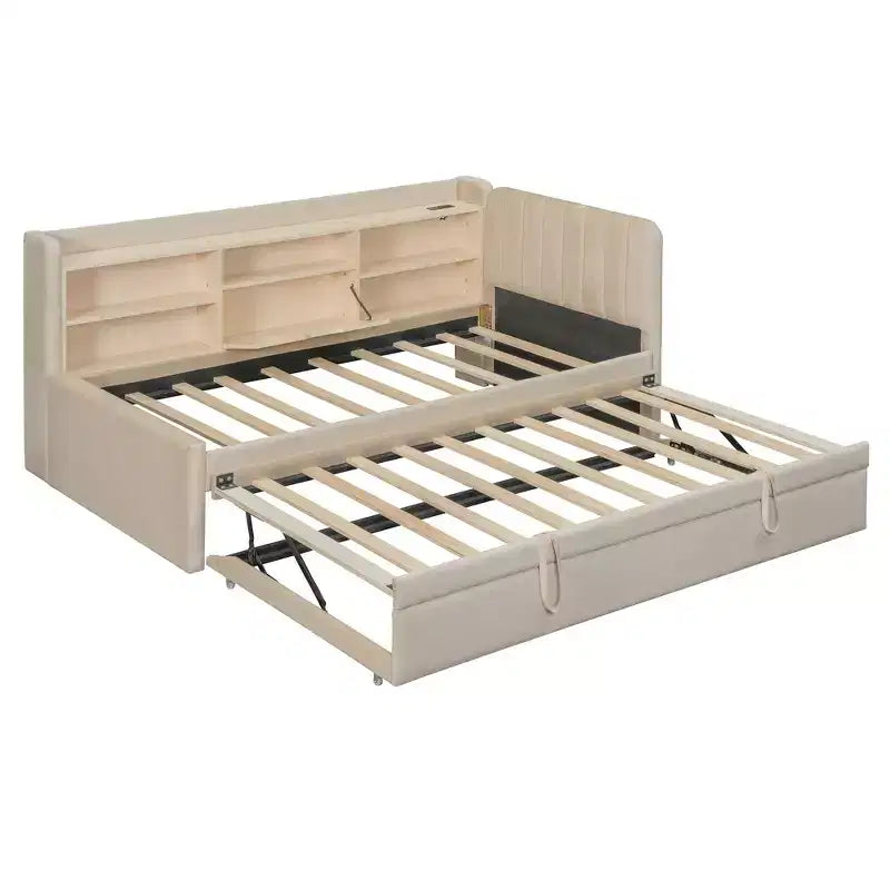 Lit de repos capitonné moderne double Merax avec lit gigogne, espace de rangement, ports USB et prise de courant