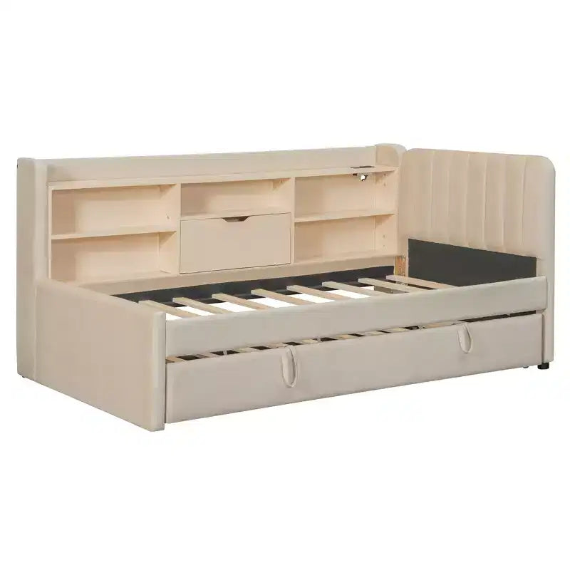 Lit de repos capitonné moderne double Merax avec lit gigogne, espace de rangement, ports USB et prise de courant