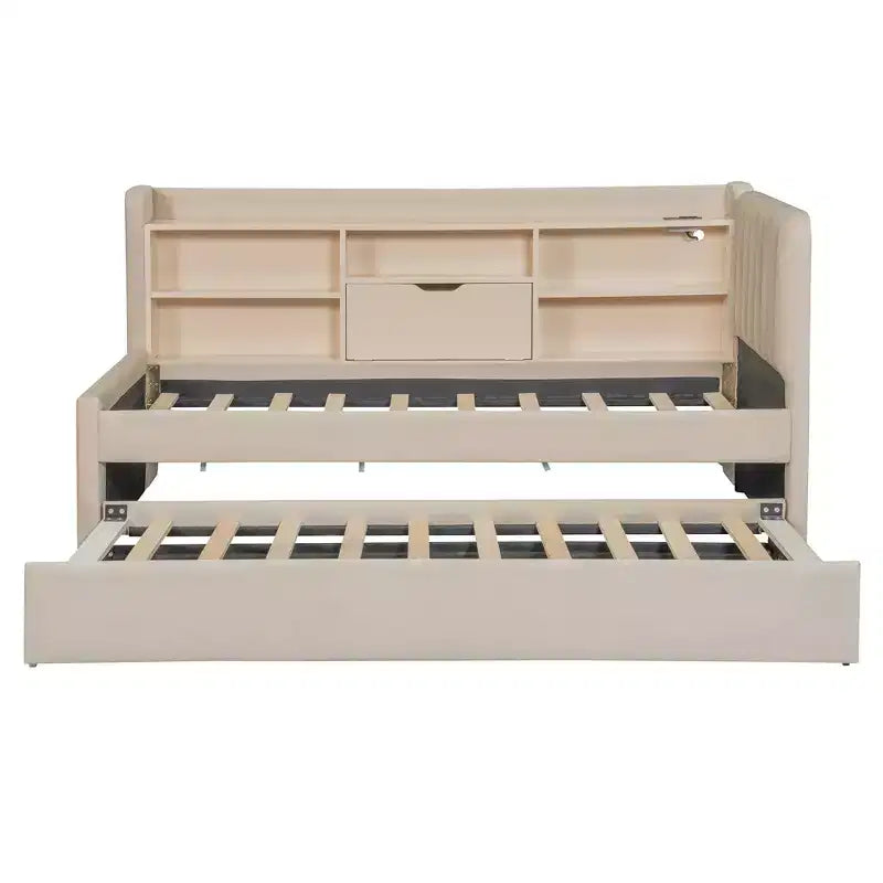 Lit de repos capitonné moderne double Merax avec lit gigogne, espace de rangement, ports USB et prise de courant