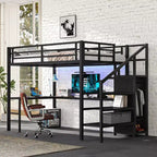 Full/Queen Metal Loft Bed with L-Shaped Desk & USB, Loft Bed Frame with Wardrobe, Adjustable Shelf & LED Lights, Black/Off-White - ModernLuxe
