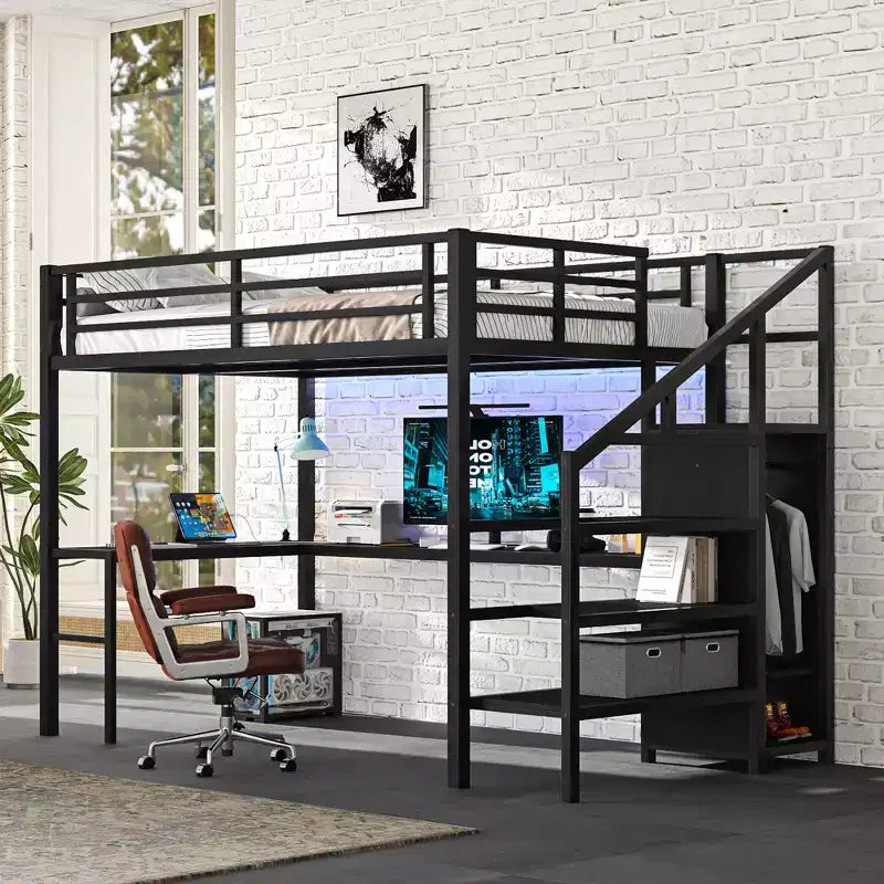Full/Queen Metal Loft Bed with L-Shaped Desk & USB, Loft Bed Frame with Wardrobe, Adjustable Shelf & LED Lights, Black/Off-White - ModernLuxe