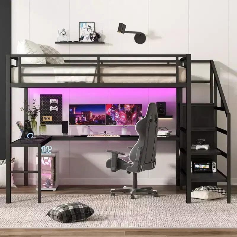 Lit mezzanine double/grand format en métal avec bureau en L et port USB, cadre de lit mezzanine avec armoire, étagère réglable et lumières LED, noir/blanc cassé - ModernLuxe
